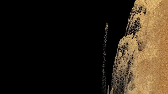 Animation of sand particles falling on black background, sand transition effect.