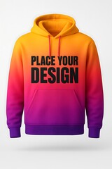 Realistic gradient hoodie mockup with white background and vivid color blend, perfect for fashion branding and print design display.
