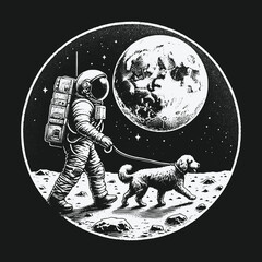 An astronaut walking a dog on the surface of the moon.