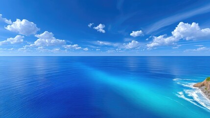 Obraz premium Vast Ocean Horizon Under a Deep Blue Sky with Scattered White Clouds and Sunlit Water
