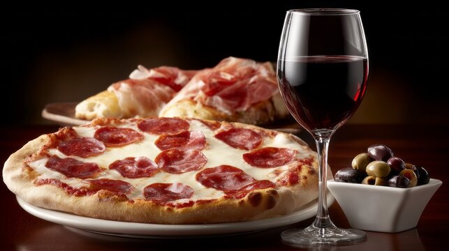 Savory pepperoni pizza sits beside a selection of cured meats and olives, while a glass of rich red wine gleams under soft lighting, creating an inviting dining scene