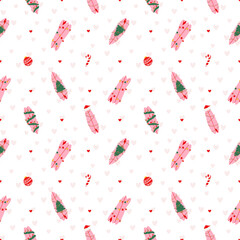 Coastal Christmas Seamless Pattern with Pink Surfboards, Santa Hats, and Holiday Lights – Festive Beach Background. Tropical Christmas Surfboard Pattern. Cute Holiday Beach Background