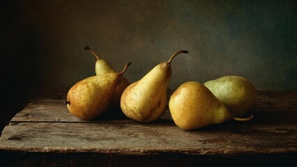 Four pears with yellow-green skin sit on a weathered wooden table against a dark, rustic background. Concept Still life pears, Four pears, Yellow-green pears, Weathered wooden table