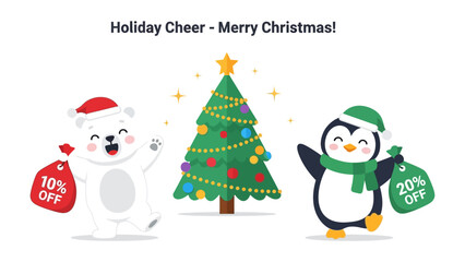 Festive Holiday Cheer: A joyful polar bear and penguin are celebrating Christmas near adorned christmas tree, both holding gift bags filled with holiday specials. 