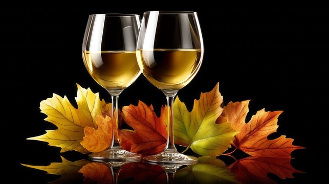 Two crystal wine glasses filled with sparkling white wine stand gracefully next to colorful autumn leaves, capturing the essence of a serene fall moment. Warm tones enhance the ambiance