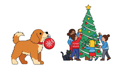 Festive Family Moment: A heartwarming scene unfolds as a family gathers around a Christmas tree, and a playful dog. The warm embrace of togetherness during the holiday season.