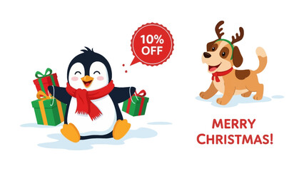Festive companions: A charming penguin and playful dog sharing the holiday spirit with gifts and cheerful wishes. A heart-warming scene, capturing the essence of togetherness.