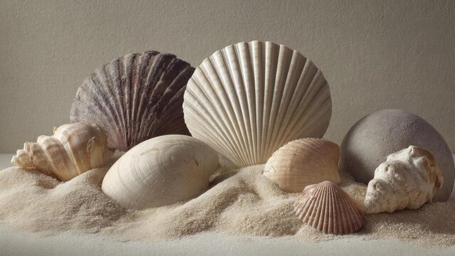 Assorted seashells partially buried in sand on the beach. Concept Seashells on the beach, Beachcombing treasures, Coastal textures, Sand patterns, Ocean finds