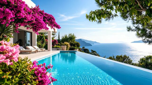 Luxurious mediterranean villa showcases an infinity pool overlooking the azure sea and distant islands under a sunny sky, accented with pink bougainvillea.