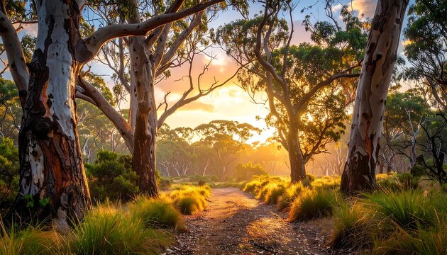 A sunlit pathway through a forest, framed by tall eucalyptus trees