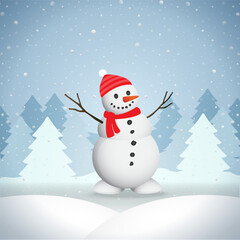 Vector cartoon illustration of a happy snowman with a Christmas tree and gifts in a blue winter landscape with snowflakes for a holiday greeting card celebration