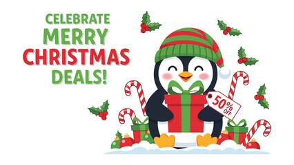 Festive Christmas penguin offer: A playful penguin, adorned with a festive hat, embraces the spirit of Christmas.