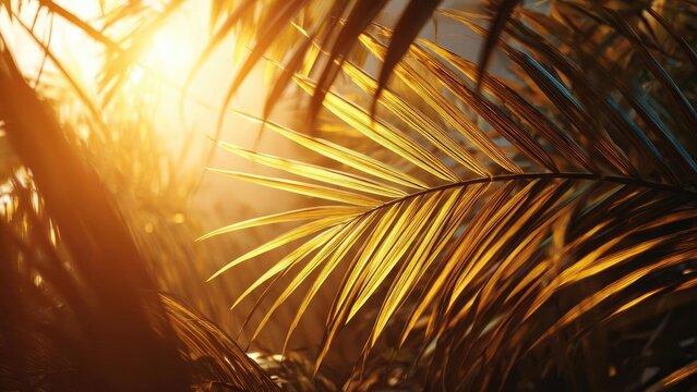 Sunlit palm fronds bathed in a warm golden glow. Concept Sunlit palm fronds, Golden hour glow, Warm tropical light, Tropical foliage, Nature photography lighting - Powered by Adobe