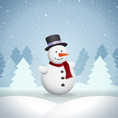 Happy snowman illustration in a snowy winter landscape with a Christmas tree and holiday gifts