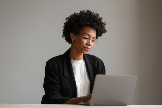Professional Woman Working on Business Tech Solutions in a Modern Office Environment Documentary Style Photography