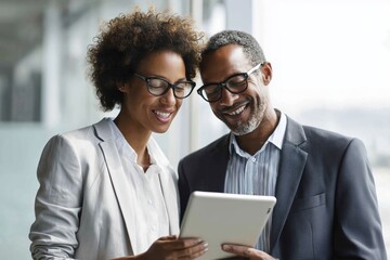 Collaboration in Tech Business Colleagues Analyzing Data on Tablet in Modern Office Environment