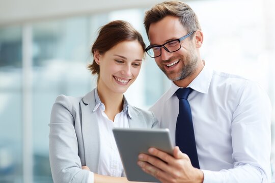Business Collaboration in Tech Colleagues Using Tablet in Modern Office Environment Positive Atmosphere Close-Up View