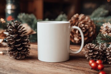 Plain white mug surrounded by pinecones, evergreen branches, and red berries on wood