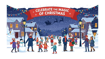 Christmas Celebration in Town: Amidst a snowy town, people gather and celebrate, capturing the festive spirit and communal joy. This scene embodies the magic and warmth of Christmas.