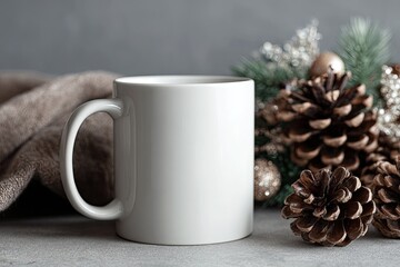 Blank white mug, cozy blanket, natural pinecones, and festive winter decor