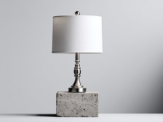 Elegant silver lamp with white shade on rough concrete block against plain gray wall
