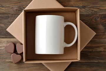White ceramic mug in a brown gift box with chocolate hearts on a wooden surface
