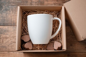 White mug in open cardboard gift box with straw filler and chocolate hearts on wood
