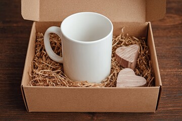 White ceramic mug and two wooden hearts nestled in shredded paper in a brown gift box