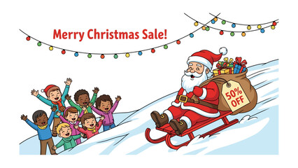 Jolly Santa's Christmas Journey: Captivating scene of Santa Claus on his sleigh, gliding towards a group of children, all in a snowy Christmas setting. Christmas sale message is above.