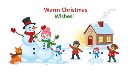 Festive Winter Scene: Joyful children engaged in a lively snowball fight near snowmen in front of a cozy cottage, filled with warmth and the spirit of the holiday season.