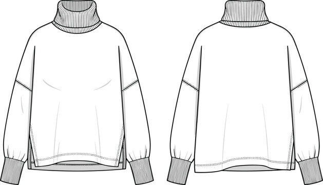 Technical fashion flat sketch, turtleneck sweater front and back view, ribbed collar cuffs hem, balloon sleeve design, apparel illustration vector