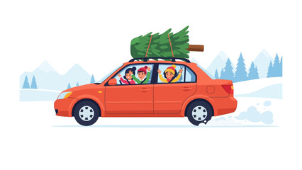 Holiday Road Trip: A vibrant orange car, laden with a Christmas tree, embarks on a festive winter journey, carrying cheerful passengers eager for holiday celebrations.