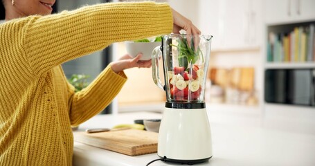 Smoothie, fruit and hands of woman with blender for healthy drink, diet and detox in kitchen. Home, protein shake and person with ingredients, vegetables and food for nutrition, wellness and vitamins