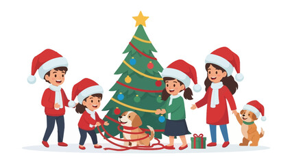 Family decorating Christmas tree: A heartwarming scene unfolds as a family, adorned in festive attire, gathers around a beautifully adorned Christmas tree, embracing the joyous spirit of the season.