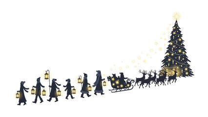 Holiday Procession: A stylized, festive illustration depicts a magical procession of figures and reindeer, each one leading to the grand Christmas tree, evoking the spirit of the season. 