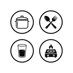 Cooking and Kitchen Icon Set Food, Drink, and Stove Symbols in Circle Design