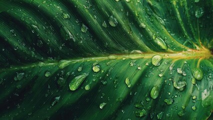 Close-up of a green leaf with water droplets clinging to its surface. Concept Macro Photography, Leaf Detail, Water Droplets, Nature Close-Up, Green Foliage