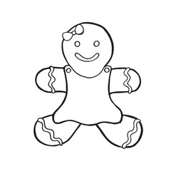 Vector illustration of a gingerbread man girl. Black and white graphics are hand drawn with ink. Linear pattern suitable for festive Christmas design, packaging, confectionery, kitchen textiles.