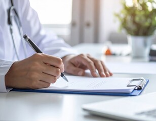 Doctor writing on a clipboard, medical concept, healthcare professional at work
