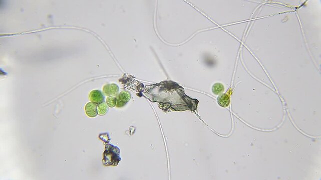 Cyanobacteria and a moving diatom under bright field microscope at 400x magnification