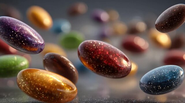 Floating, sparkling, pill-shaped objects in various colors with glitter, blurred background