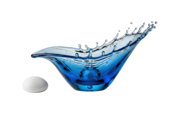 Clear blue glass water splash art with intricate droplets and a smooth white river stone on a seamless transparent background, studio, no shadows, minimalist elegance concept