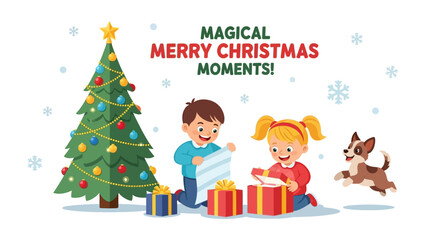 Joyous Christmas Moment: Two children are filled with anticipation, opening a holiday gift while their playful dog jumps in excitement. The scene encapsulates the magic and warmth of Christmas.