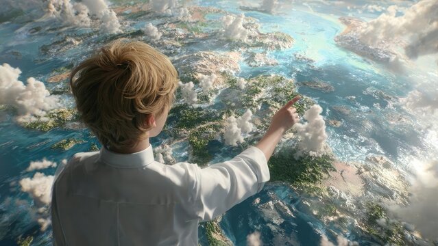 A child with blonde hair in a white shirt points at a 3D globe showing land, water and fluffy clouds. Concept Child portrait, Blonde hair, White shirt, Pointing at globe