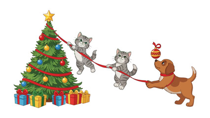 Festive Friends: Charming illustration capturing the festive spirit, featuring a decorated Christmas tree with kittens and a dog playing together