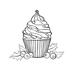 Christmas composition with caprik, leaves and berries of holly. Vector black and white illustration hand drawn with ink. For packaging design, cards, invitations, and holiday decorations. 