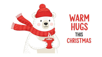 Polar Bear in Winter Comfort: An adorable polar bear, bundled in a festive hat and scarf, embraces the season of warmth, holding a cozy mug and offering warm hugs for Christmas. 