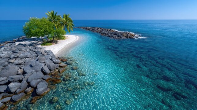 Aerial Drone View Of A Small Tropical Island With Turquoise Ocean And Lush Green Trees On A Sunny Day - Powered by Adobe