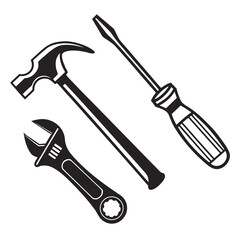 Set of three common hand tools including a hammer screwdriver and wrench