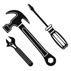 Black silhouette of hammer screwdriver and wrench tools on white background